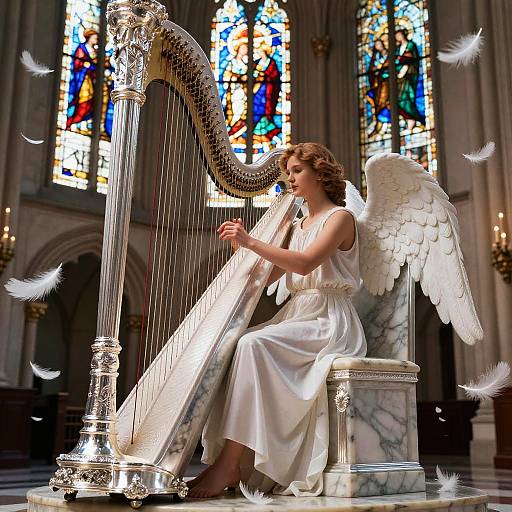 Angel Playing Harp in Cathedral