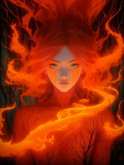 Fantasy Woman with Fiery Hair and Flames