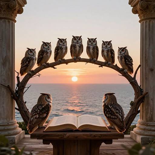 Owls Studying Mystical Knowledge at Sunset