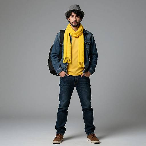 Photograph of a bearded man with dark hair, wearing a gray hat, yellow scarf, denim jacket, blue jeans, and brown shoes, standing