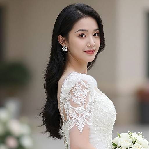 Photograph of an elegant Asian woman with long black hair, wearing a white lace wedding dress and dangling star-shaped earrings, smiling softly, holding white flowers