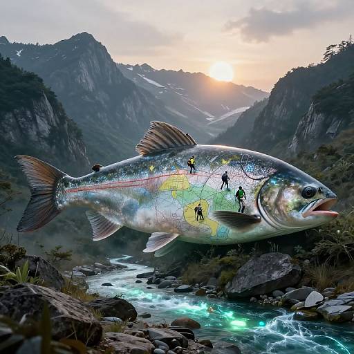 Digital art: A giant, iridescent fish with silhouetted anglers inside swims through a rocky mountain river at sunset.