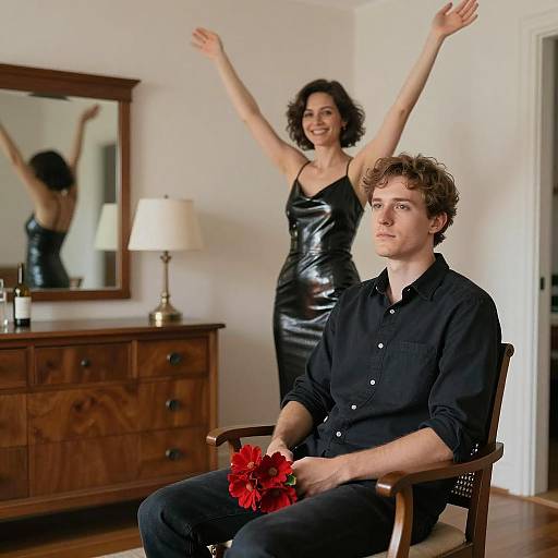 Man Sitting with Flowers and Woman in Black Dress