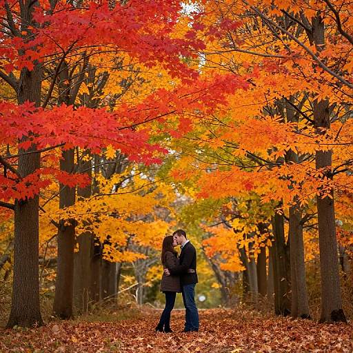 Photograph of a couple kissing under vibrant autumn trees with fiery red and orange leaves, standing on a path covered in fallen leaves.