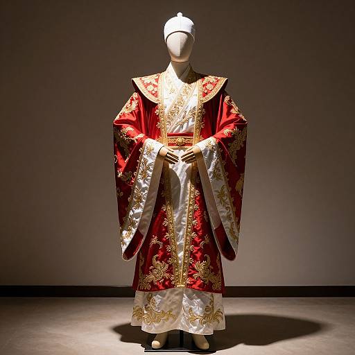 Photograph of a mannequin displaying an ornate, red and gold Episcopal clergy robe with intricate embroidery, white trim, and wide sleeves, illuminated
