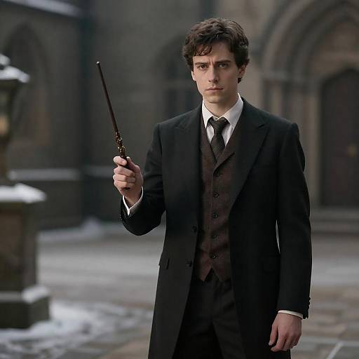 Wand-Wielding Gentleman in Snowy Courtyard