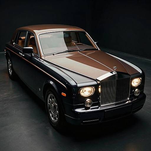 Photograph of a sleek, black, vintage Rolls-Royce sedan with a polished maroon hood, illuminated headlights, and reflective chrome grille, set