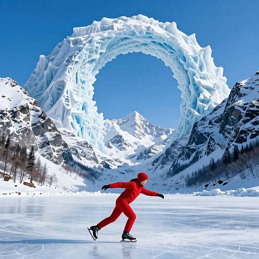 Photograph of a skater in a red outfit gliding on ice before a massive, surreal ice arch formation in a snow-covered mountain landscape under a