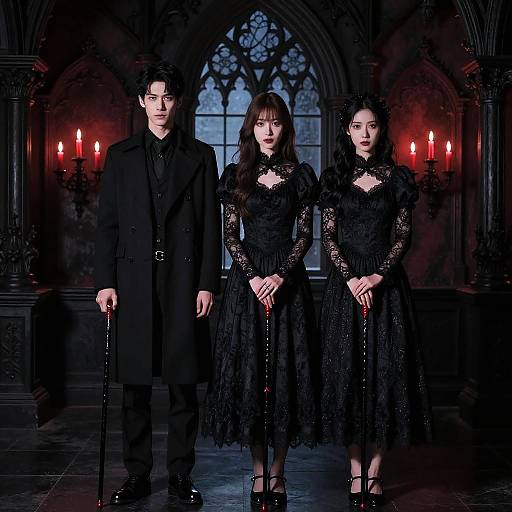 Photograph of three gothic figures in black lace dresses and coats, holding canes, standing in a dimly lit, red-candlelit Gothic