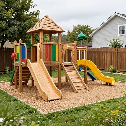 Photograph of a wooden playground with a climbing tower, two slides, stairs, and colorful panels, set in a grassy backyard with trees and a