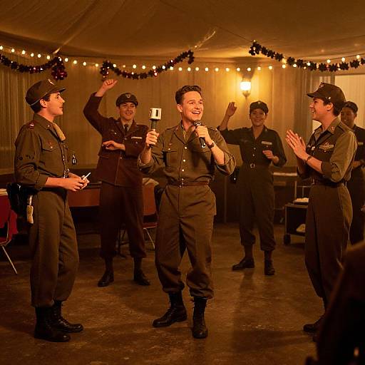 Photograph of six male military-style performers in black uniforms, hats, and boots, singing and clapping under warm string lights in a tent. Center