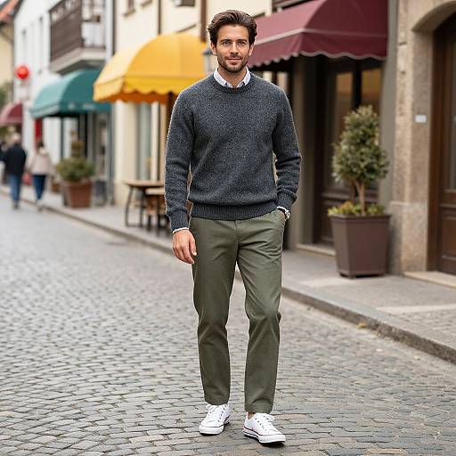 Photograph of a man with curly brown hair, wearing a dark sweater, green pants, and white sneakers, walking on a cobblestone street with
