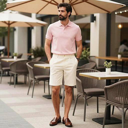Photograph of a bearded man with dark hair, wearing a pink polo shirt, white shorts, brown loafers, standing in a café with beige