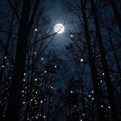 Photograph of a moonlit forest with bare, silhouetted trees and countless twinkling stars against a dark blue night sky.