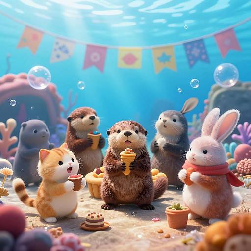Photograph of adorable, plush animal friends underwater, surrounded by bubbles, colorful flags, and tiny desserts, with a bright blue ocean background.