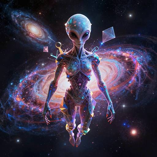 Digital artwork of a glowing, humanoid alien with large, black eyes, floating in space against a vibrant, colorful galaxy background.
