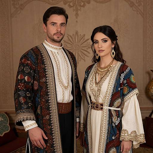 Photograph of a handsome bearded man and a beautiful woman with dark hair, wearing traditional, ornate Middle Eastern attire, standing in an elegant,