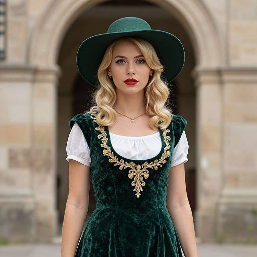 Photograph of a blonde woman with wavy hair, red lipstick, wearing a green velvet dress with gold embroidery, white blouse, and green hat,