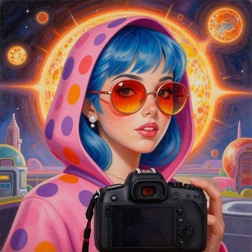 Digital art of a blue-haired woman in a pink polka-dot hoodie, red sunglasses, holding a camera, with a sci-fi cityscape and glowing