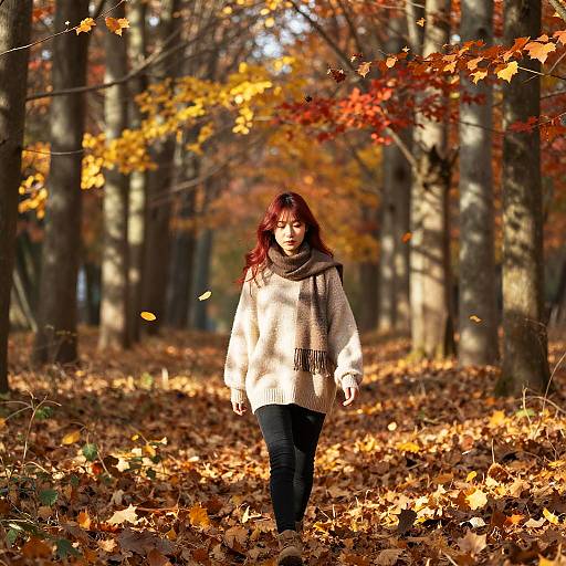Red-Haired Asian Girl in Autumn Forest