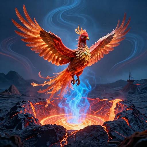 Mythical Phoenix Rising from Volcano
