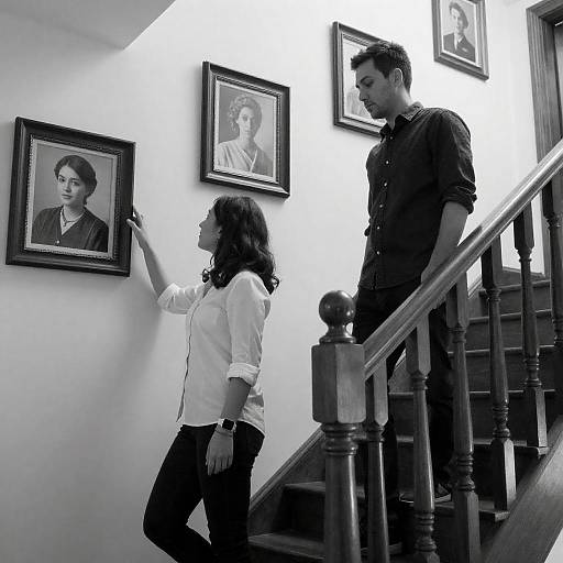 Black and White Photo of People on Staircase with Portraits