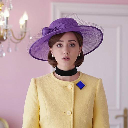 Elegant Woman in Purple Hat and Yellow Coat