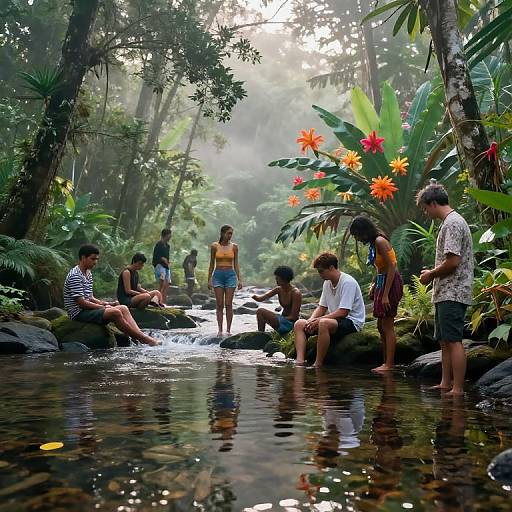 Photograph of diverse children playing in a lush, tropical forest stream with sunlight filtering through trees, surrounded by vibrant flowers and greenery.