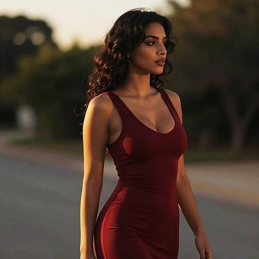 Photograph of a dark-haired woman with wavy hair, wearing a tight, sleeveless, deep red dress, standing outdoors at sunset.