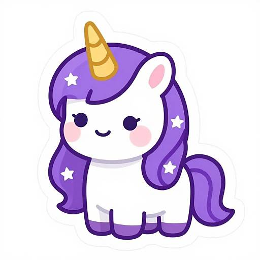 Adorable digital drawing of a cute, chibi-style white unicorn with a yellow horn, purple mane and tail, and blushing cheeks, featuring small