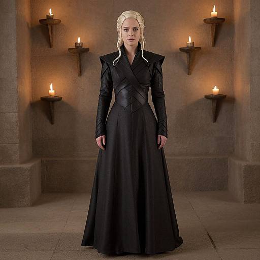 Photograph of a pale-skinned blonde woman with braided hair, wearing a black, long-sleeved, Victorian-style dress, standing in a