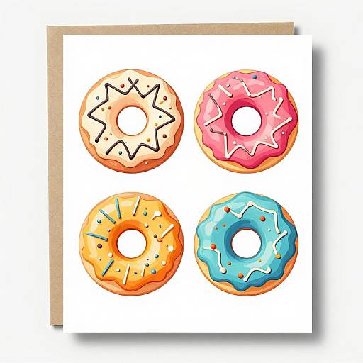 Digital illustration of four colorful donuts: star-patterned yellow, pink with star sprinkles, orange with green sprinkles, and blue with white icing
