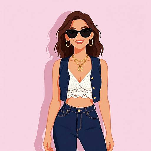 Digital illustration of a smiling woman with wavy brown hair, wearing dark sunglasses, white lace crop top, blue vest, and high-waisted jeans