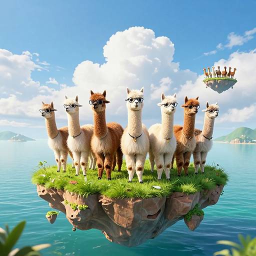 CGI image of six alpacas with varied brown and white fur standing on a grassy floating rock over a serene blue sea, with a floating
