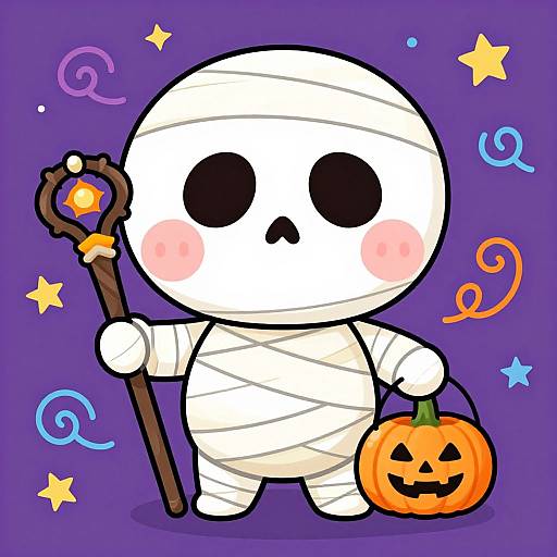 Cute Cartoon Mummy with Halloween Pumpkin