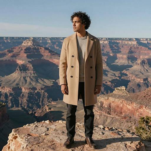 Photograph of a curly-haired man in a beige coat and gray sweater standing on a rocky cliff overlooking the Grand Canyon.