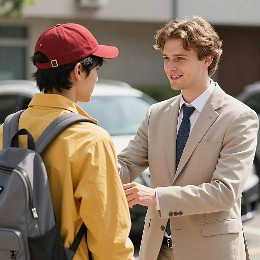 Man in Suit Greeting Person Outdoors