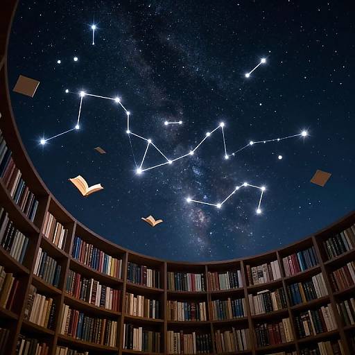 Photograph of a circular library with starlit ceiling, books lining the shelves, and floating paper lanterns illuminated by constellation lines.