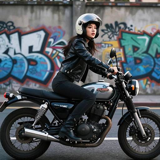 Photograph of an Asian woman with long black hair, wearing a white helmet, black leather jacket, and jeans, riding a silver Honda motorcycle against a