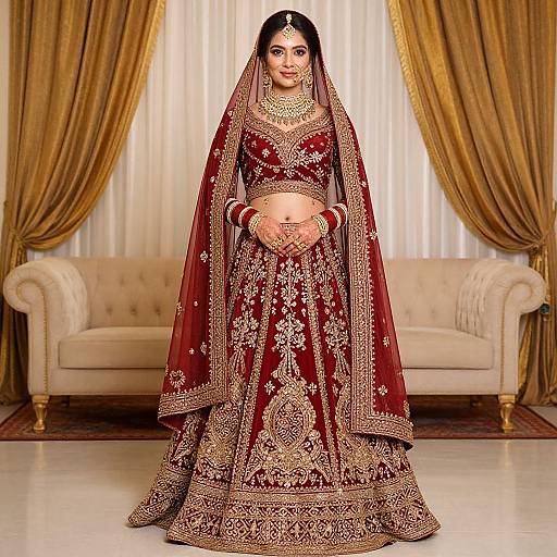 Photograph of a South Asian bride in a rich red and gold embroidered lehenga, standing in front of a beige sofa with gold curtains, wearing traditional