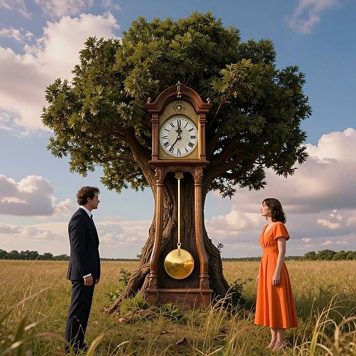 Photograph of a man in a black suit and a woman in an orange dress standing before a tree with a clock and bell. Field, blue sky
