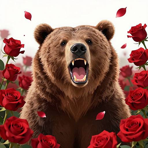 Photorealistic digital illustration of a roaring brown bear surrounded by vibrant red roses, with petals scattered around its head.