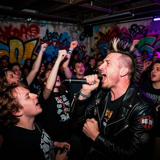 Photograph of two male punk rock singers with mohawks, black leather jackets, and colorful graffiti background, passionately performing into microphones.