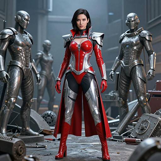 CGI image of a fierce, dark-haired woman in red and silver armored suit, standing in a futuristic, metallic workshop with four robotic soldiers.