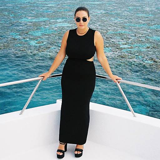 Photograph of a woman with dark hair in a bun, wearing round sunglasses, black sleeveless dress, and open-toe heels, standing on a