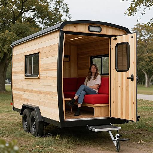 Modern Wooden Tiny Home with Woman