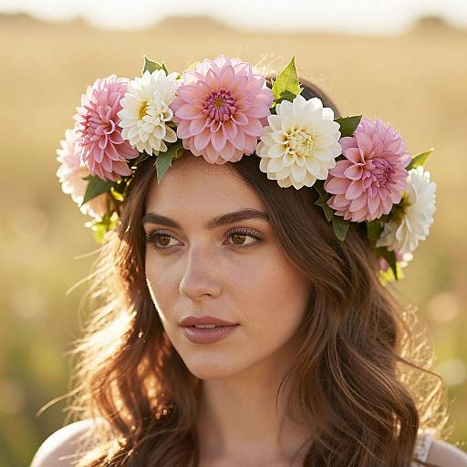 Photograph of a young woman with wavy brown hair, wearing a pink and white flower crown, softly lit in a sunlit field.