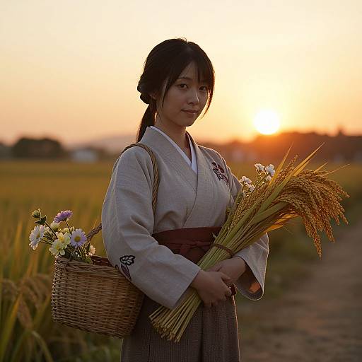 Photograph of a Japanese woman in traditional kimono holding a wicker basket with flowers and wheat, standing in a golden sunset field.