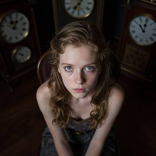 Photograph of a young woman with fair skin, blue eyes, and wavy brown hair, wearing a strapless dress, surrounded by dark antique clocks