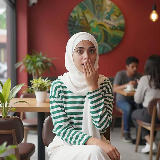 Photograph of a young woman with medium skin tone, wearing a white hijab and green-striped long-sleeve shirt, covering her mouth in a
